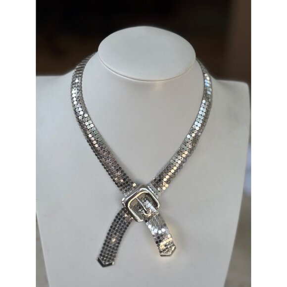 vintage Silver Mesh Buckle Necklace Adjustable Length 16-18 Inches With Unique B - Picture 1 of 7